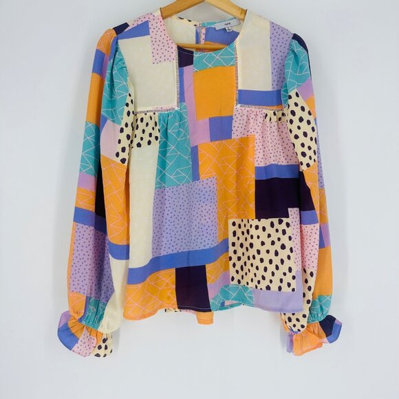 Fate Multicolor Abstract Patchwork Long Puff Sleeve Ruffle Keyhole Blouse Size S - Picture 3 of 9